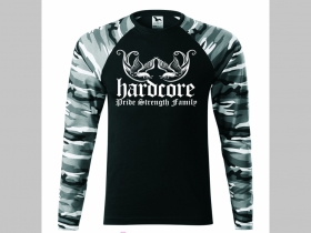 Hardcore - Pride, Strength, Family pánske tričko (nie mikina!!) s dlhými rukávmi vo farbe " metro " čiernobiely maskáč gramáž 160 g/m2 materiál 100%bavlna